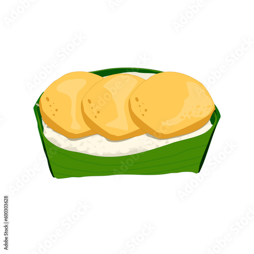 Isolated Egg custard and coconut sticky rice or Sweet sticky rice with Thai custard wrapped in banana leaves on white background. Thai traditional dessert illustration. Popular Thai street snack