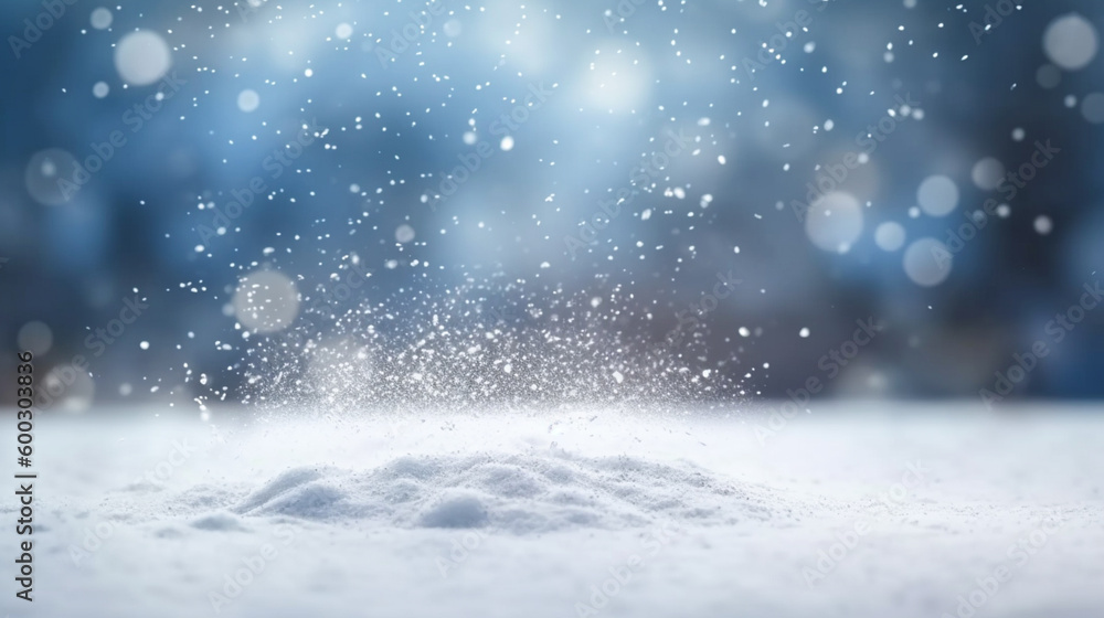 Snow piles on the ground and falling snow with a blue and white blurred background. product display. Generative Ai