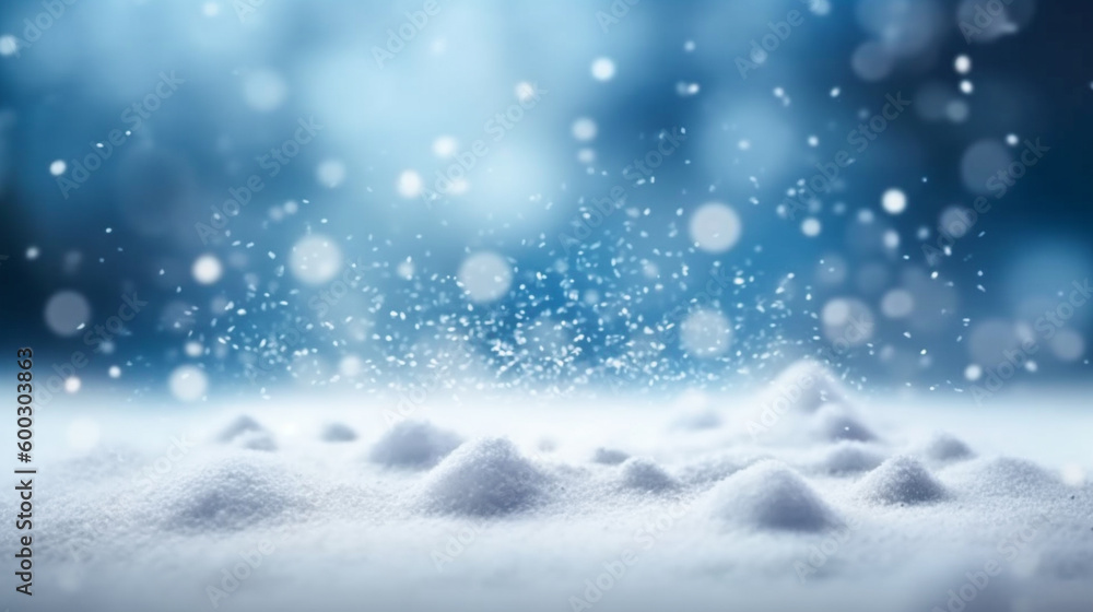 Snow piles on the ground and falling snow with a blue and white blurred background. product display. Generative Ai Snow piles on the ground and falling snow with a blue and white blurred background. product display. Generative Ai