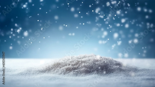 Snow piles on the ground and falling snow with a blue and white blurred background. product display. Generative Ai © qOppi