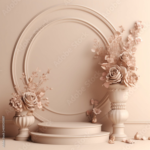 Rose flower 3D rendering of beige background with podium stand. Generative Ai.