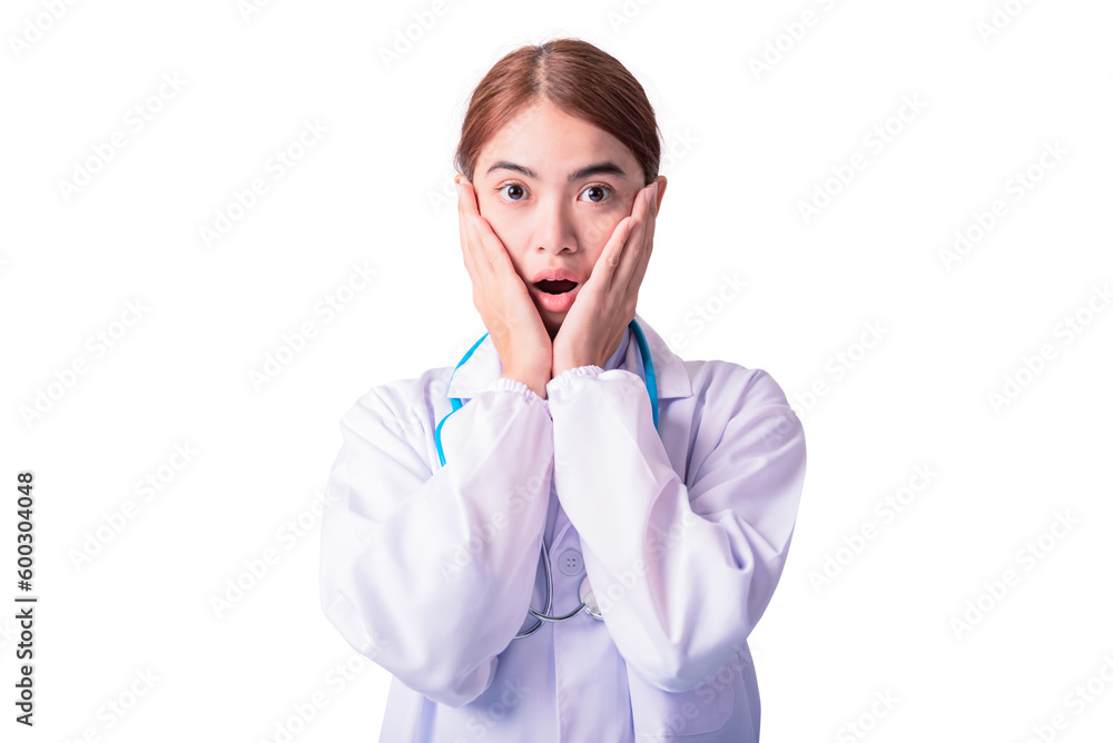 friendly face with smiley eyes Asian doctor in surprised action isolated on white background. Advertising concept friendly face with smiley eyes Asian doctor in surprised action isolated on white background. Advertising concept