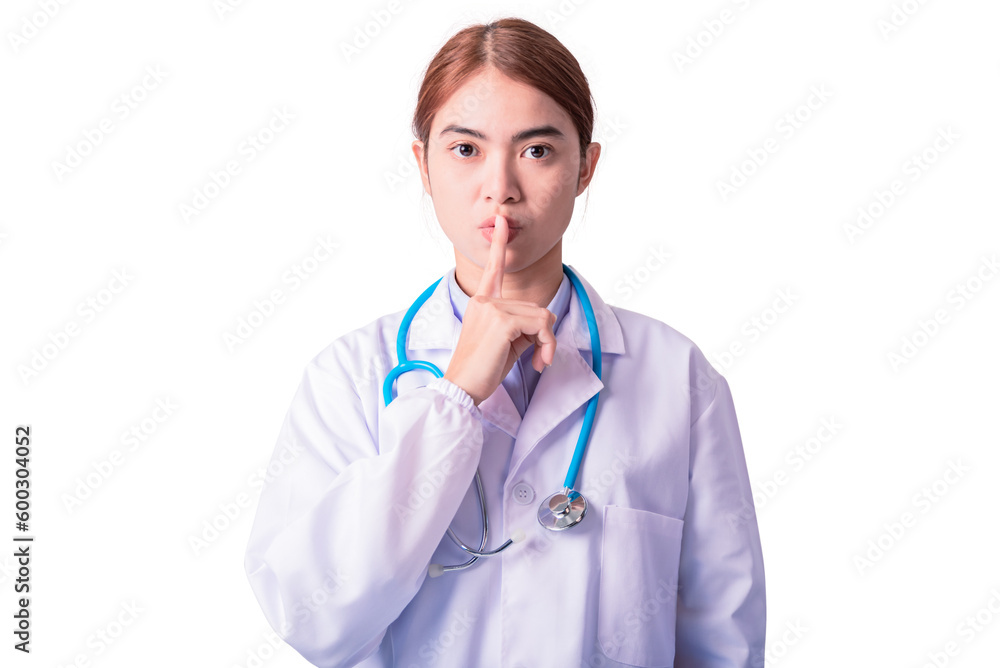 friendly face with smiley eyes Asian doctor in shut up quietly action isolated on white background. Advertising concept friendly face with smiley eyes Asian doctor in shut up quietly action isolated on white background. Advertising concept