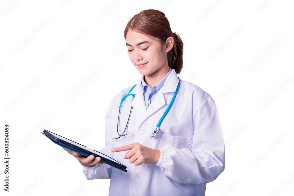 friendly face with smiley eyes Asian doctor using tablet isolated on white background. Advertising concept friendly face with smiley eyes Asian doctor using tablet isolated on white background. Advertising concept