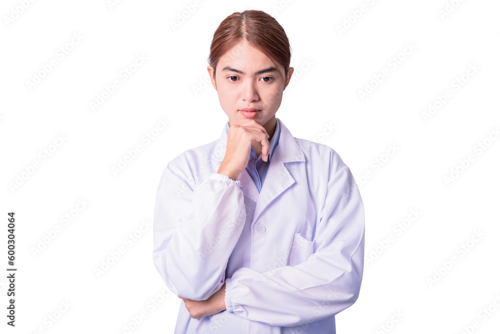 friendly face with smiley eyes Asian doctor in thinking action isolated on white background. Advertising concept friendly face with smiley eyes Asian doctor in thinking action isolated on white background. Advertising concept