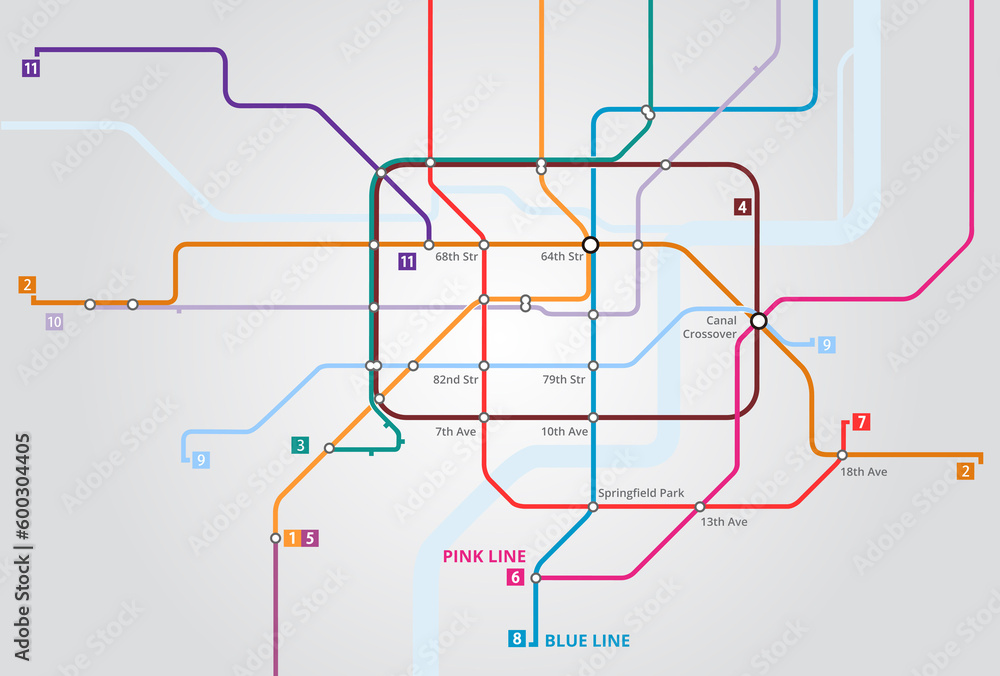 Underground, train railway and map of metro for navigation, travel or public transport with infrastructure. Chart, subway transportation and diagram for urban journey, route or itinerary for location