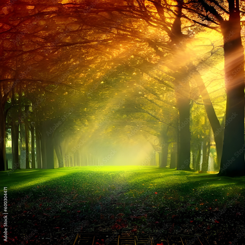 Sunrise in the forest, Tyndall effect as sunrays coming between the trees., Generative AI