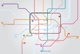Underground, train railway and map of metro for navigation, travel or public transport with infrastructure. Chart, subway transportation and diagram for urban journey, route or itinerary for location
