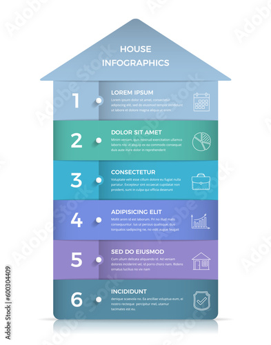 Business infographic template with house divided on six elements with place for text and icons