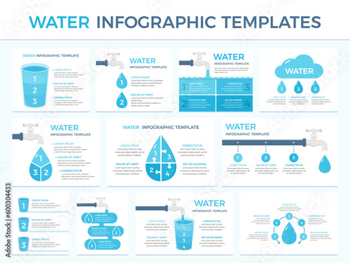 Set of water infographic templates with tap, water drops, glasses, water resources infographics