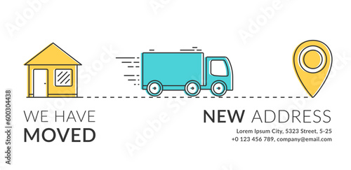 We have moved concept with house, truck and map pin line icons