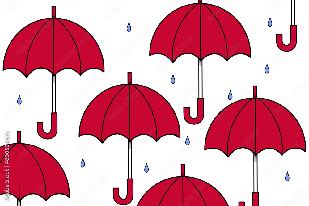 赤い傘　ポップな傘のイラスト　ポツポツ雨　白背景　雨降り　雨具　天候　シーズン