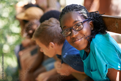 Fotografija Black girl, camp or friends portrait with happiness or glasses outdoor