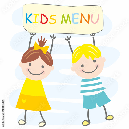 Kids menu, girl and boy with text, vector illustration on blue and white background, banner, template