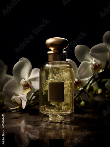 a mock up bottle perfume with flowers, gerenative AI