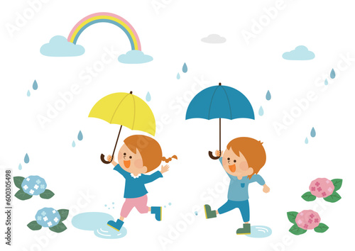 Fotobehang 梅雨　虹と傘をさす男の子と女の子のイラスト素材