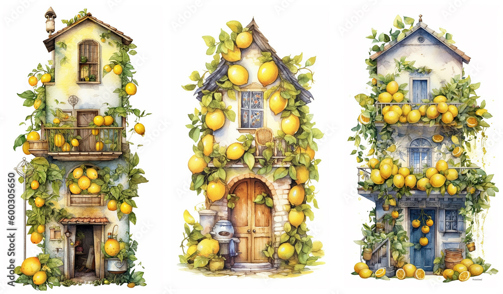Watercolour fantasy lemon houses. Greeting cards and envelopes artwork project.