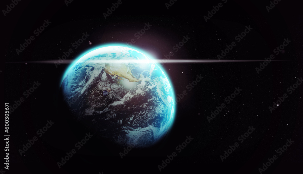 Earth, world or planet in dark space for astronomy study, science and light in universe. 3d global sphere, sunrise and shine in sky with atmosphere, globe and stars in solar system, galaxy and cosmos - obrazy, fototapety, plakaty 