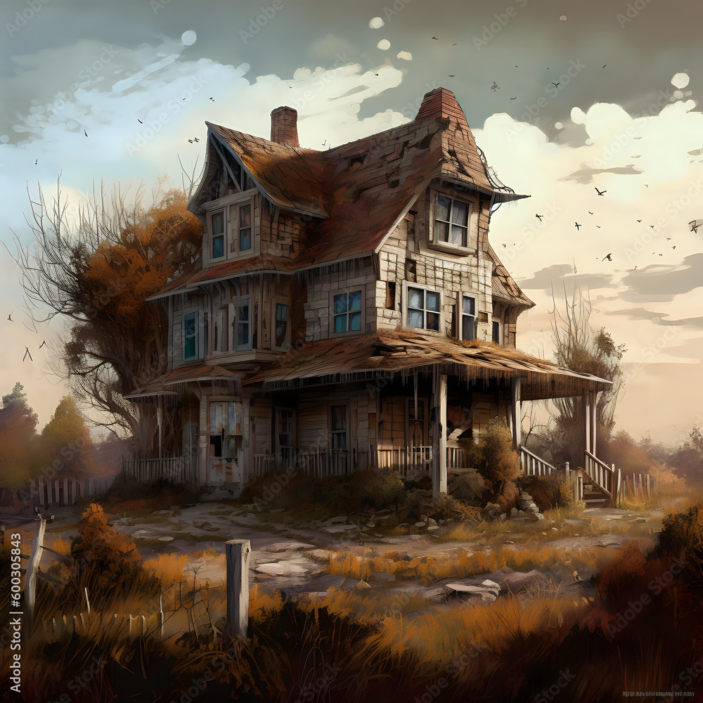 Obraz premium old house in the night village sky ,AI generate