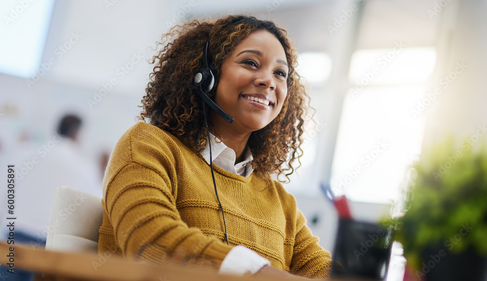Happy african woman, call center agent or listen on voip headset for consulting, communication or contact. Girl, customer service or tech support crm with smile, headphones or microphone at help desk - obrazy, fototapety, plakaty 