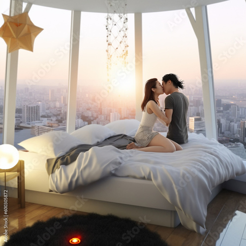 couple, young lady, kiss, hug, bed, Manshon, hotel, tower, high floor, bed, nice view, sex, morning glow, sunrise (8)