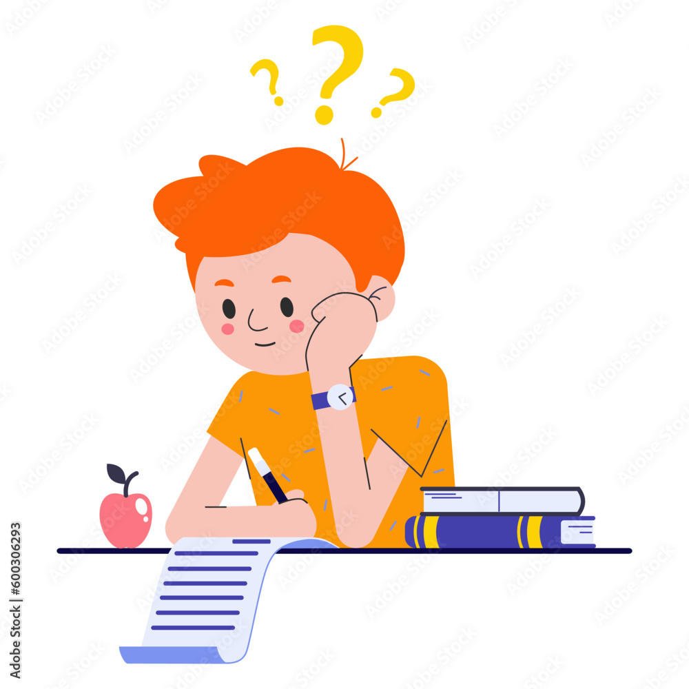 Boy on school exam. Kid study and think about test or homework in class. Pupil confused how to do survey on blank. Vector illustration about child education Boy on school exam. Kid study and think about test or homework in class. Pupil confused how to do survey on blank. Vector illustration about child education