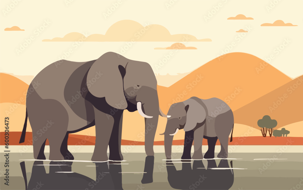 A mother elephant and her calf drinking at a waterhole. Animals raising young concept. Generative AI - obrazy, fototapety, plakaty 