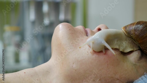 Snails crawling on female face. Skin care at beauty salon. Anti-aging solutions. Snail with mucin muscus for skin treatment. skin rejuvenation. Beauty, wellness and skin care concept. korean medicine photo