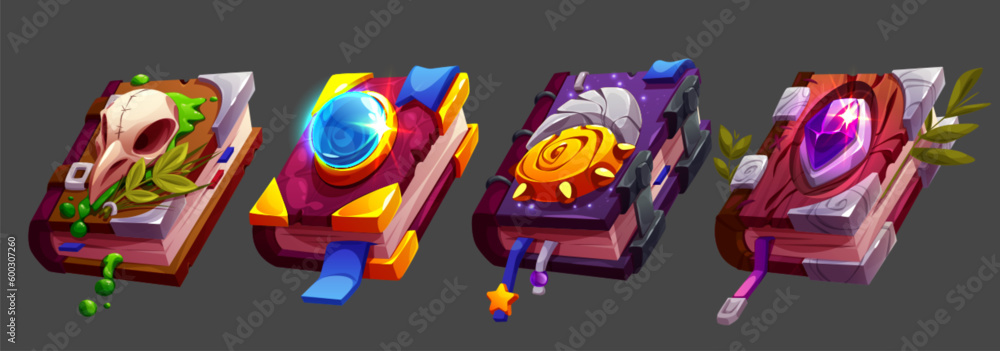 Cartoon set of magic spell books isolated on background. Witchcraft volumes with bird skull, blue and purple gemstones, wooden and stone charm decorations on cover. Game props vector illustration