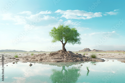 single tree in the middle of a broken desert in global warming concept with Generative AI