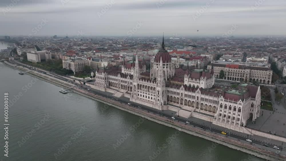 Establishing Aerial View Shot of Budapest, Hungarian Parliament Building during a cloudy day, Hungary Establishing Aerial View Shot of Budapest, Hungarian Parliament Building during a cloudy day, Hungary