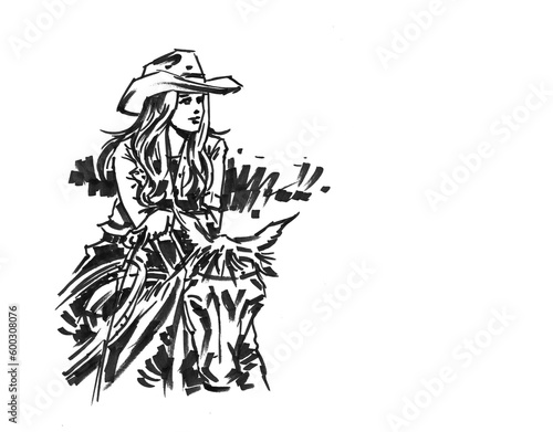 cowgirl on horseback pen drawing for card illustration decoration