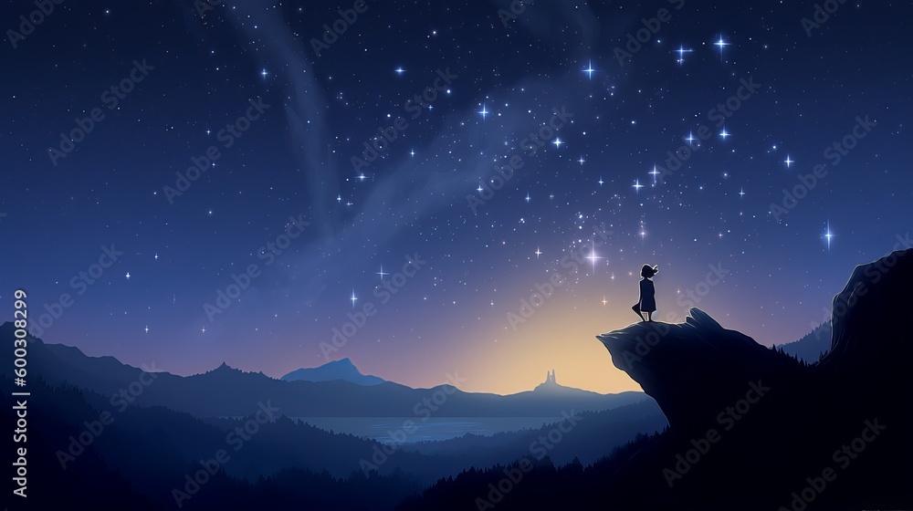 when you wish upon a star, the moon and stars, girl in the night, person in the sky, silhouette of a girl on the top of the mountain, sunset in the mountains, wallpaper, Generative AI