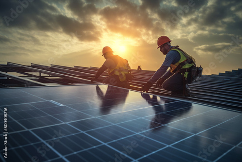 two workers are working on solar panels while the sun rises with Generative AI
