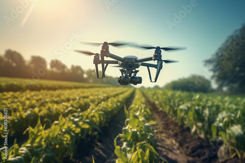 drone spraying crops in agricultural setting with blue sky with Generative AI
