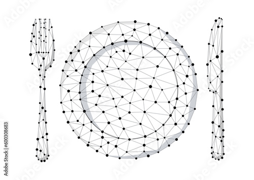 Wireframe food restaurant concept - plate knife and fork icon set isolated on white background. Top view low poly cutlery - black silverware design template. Vector digital polygon illustration.