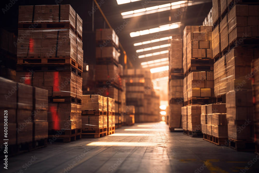 multiple pallets and boxes are in the warehouse in large scale with Generative AI multiple pallets and boxes are in the warehouse in large scale with Generative AI