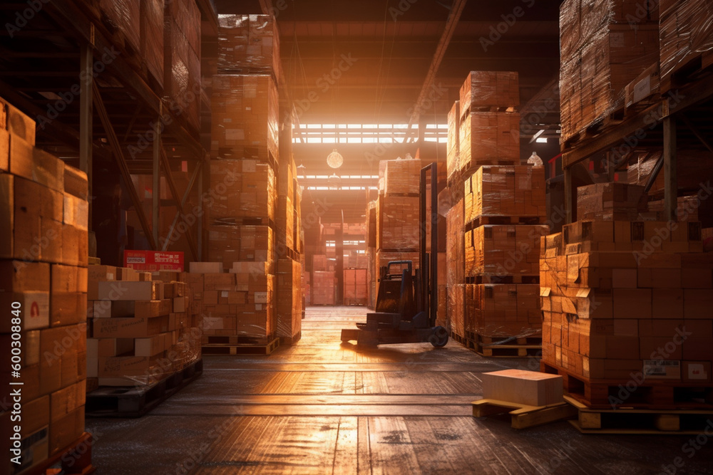 multiple pallets and boxes are in the warehouse in large scale with Generative AI multiple pallets and boxes are in the warehouse in large scale with Generative AI