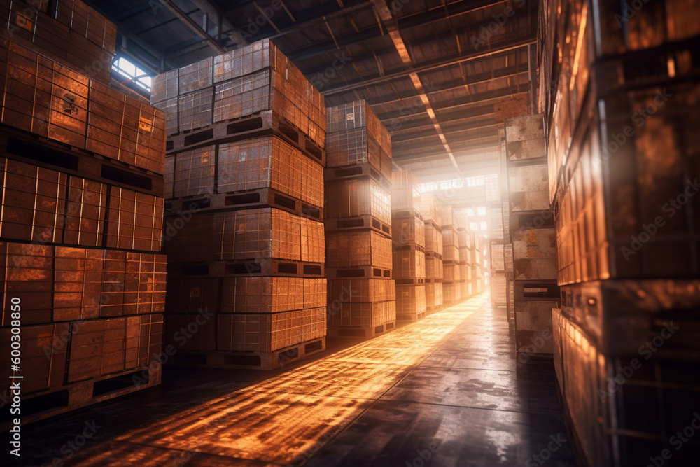 multiple pallets and boxes are in the warehouse in large scale with Generative AI multiple pallets and boxes are in the warehouse in large scale with Generative AI