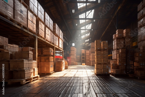 multiple pallets and boxes are in the warehouse in large scale with Generative AI