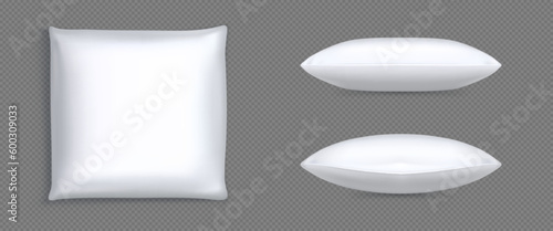 White square pillow realistic vector illustration. Cotton cushion mockup, top side view, set isolated on transparent background, 3D soft blank fabric pad with feather for sleeping