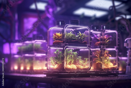 the greenhouse is filled with seed starters and is lit up with purple light with Generative AI