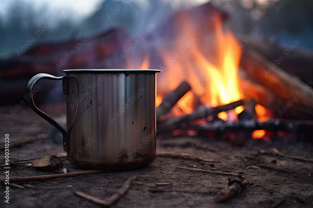 Cup of coffee next to a campfire created with Generative AI technology Cup of coffee next to a campfire created with Generative AI technology