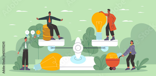 Analog commodity scales. Employees team weighs ideas and money in balance. Solution lamp. Coins and invention lightbulb equivalence. People with cash and light bulbs. Vector concept