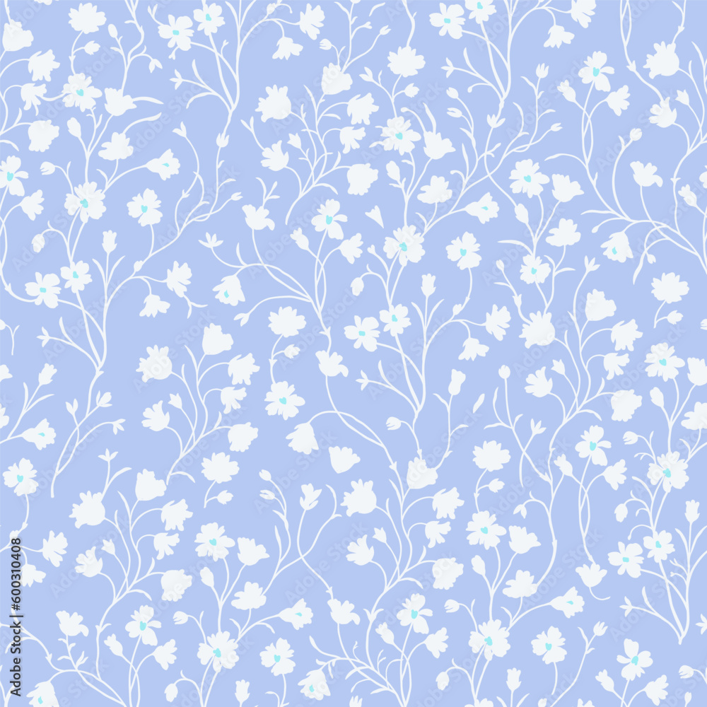 Spring floral pattern of white flowers and stems on a pale purple background.