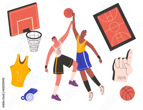 Basketball elements. Cartoon athletes characters fighting for ball. Professional sports equipment. Playground with basket. Whistle athletic uniform. Vector isolated streetball players set
