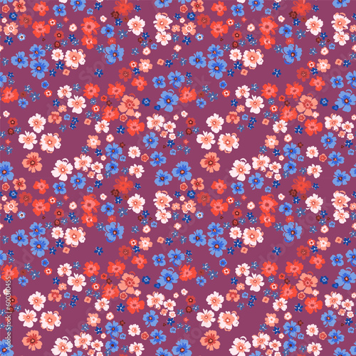 Seamless pattern. Vector flower design with cute wildflowers. Romantic abstract floral pattern on a black background. Spring illustrations with blue, red and pink flowers.
