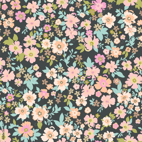Seamless vintage pattern. Dark green background. Large light pink and light red flowers. Vector texture. Fashionable print for textiles and wallpaper in pastel colors.