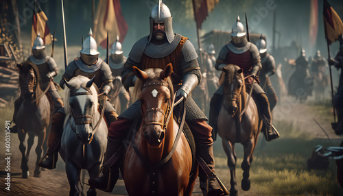 Historic medieval battle recreation with cinematic lighting, soldiers on horses, knights with shining armour in a dark ages destructive artwork. Crusaders in combat attacking the enemy. Generative ai