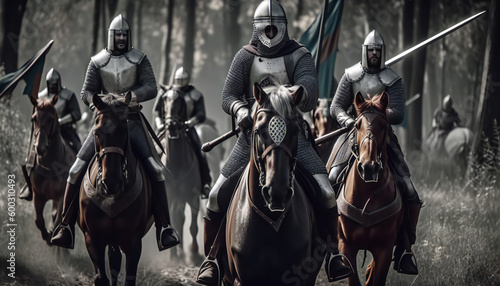 Historic medieval battle recreation with cinematic lighting, soldiers on horses, knights with shining armour in a dark ages destructive artwork. Crusaders in combat attacking the enemy. Generative ai © kilimanjaro 